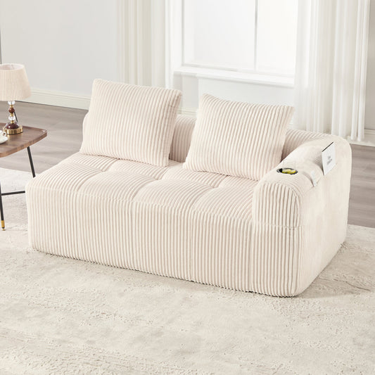 Cozy Corduroy Fabric Two-Seater Sofa  Without Assembly, Soft Back Cushions, Side Storage Pocket For Remote Control And Mobile Phone, Integrated Cup Holder  Neat And Aesthetic.