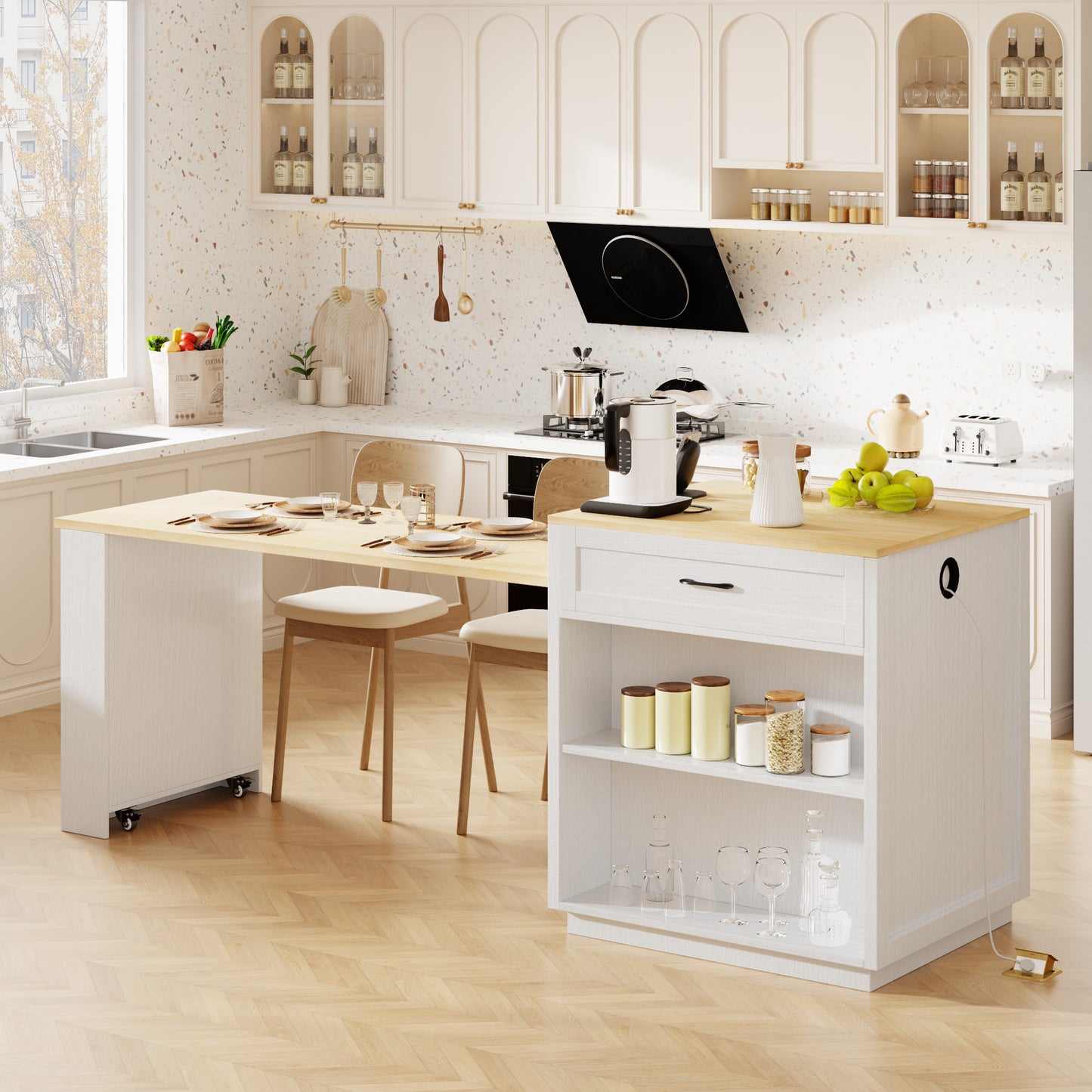 K&K 82.7 Inch Kitchen Island With Extendable Dining Table For 4 6 Person,Two Tone Kitchen Table With Double Sized Storage, Power Outlet, Kitchen Island With Storage 2 Drawers 2 Side Open Shelves,White