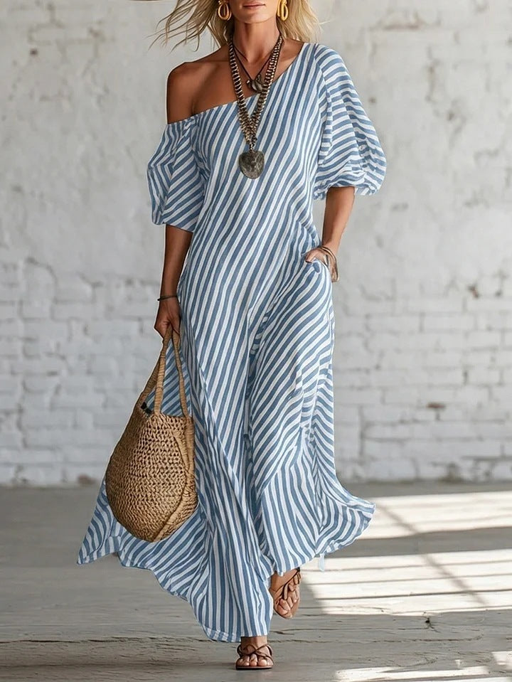 European And American Cross-border Amazon Independent Site Women's Fashion Spring Elegant Striped Off-shoulder Dress