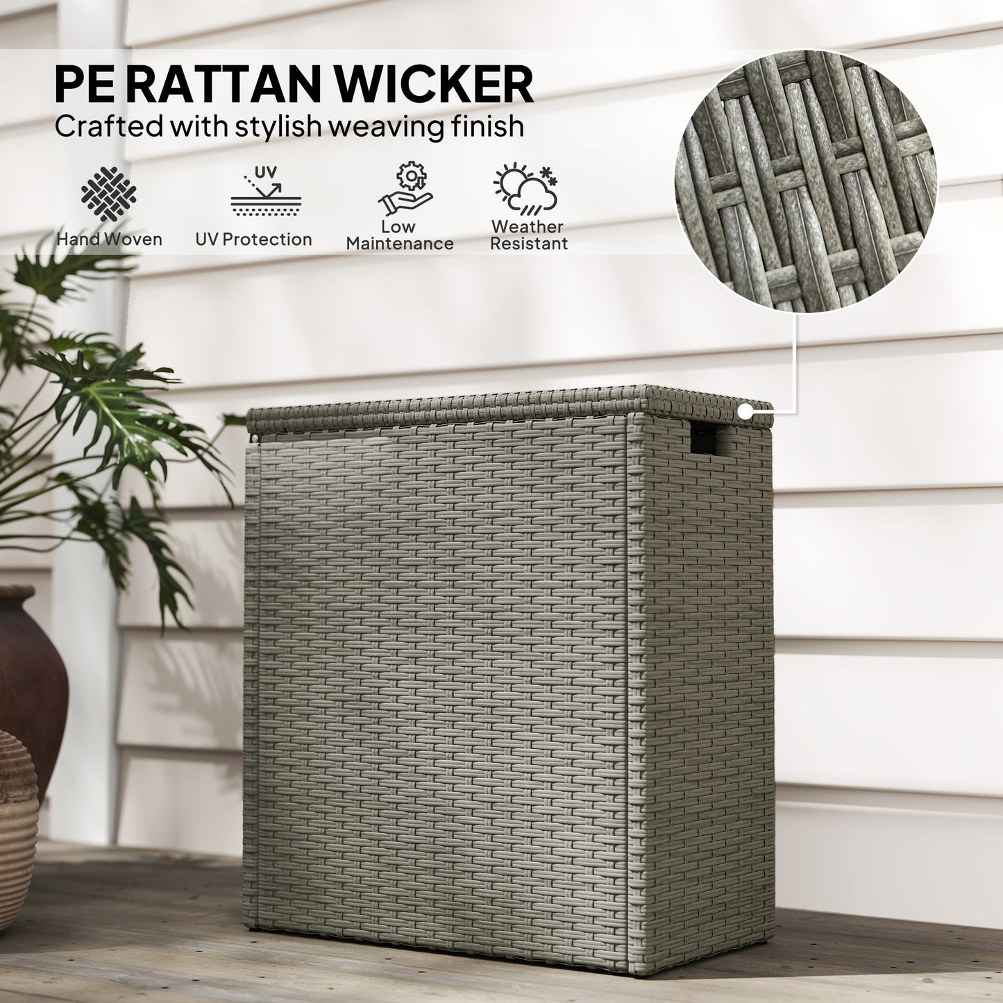17-Gallon Small Deck Box, Wicker Outdoor Storage Box with Acacia Wood Top for Patio Cushions and Garden Tools, Gray