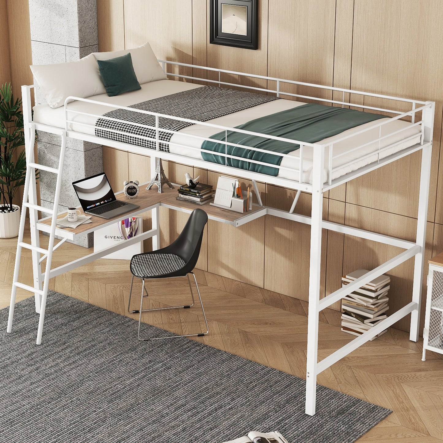 Loft Bed, 90x200cm Bed Frame Metal Bed, Iron Bed, Loft Bed With L-Shaped Desk And A Shelf For Children, Teenagers And Adults, Without Mattress, White