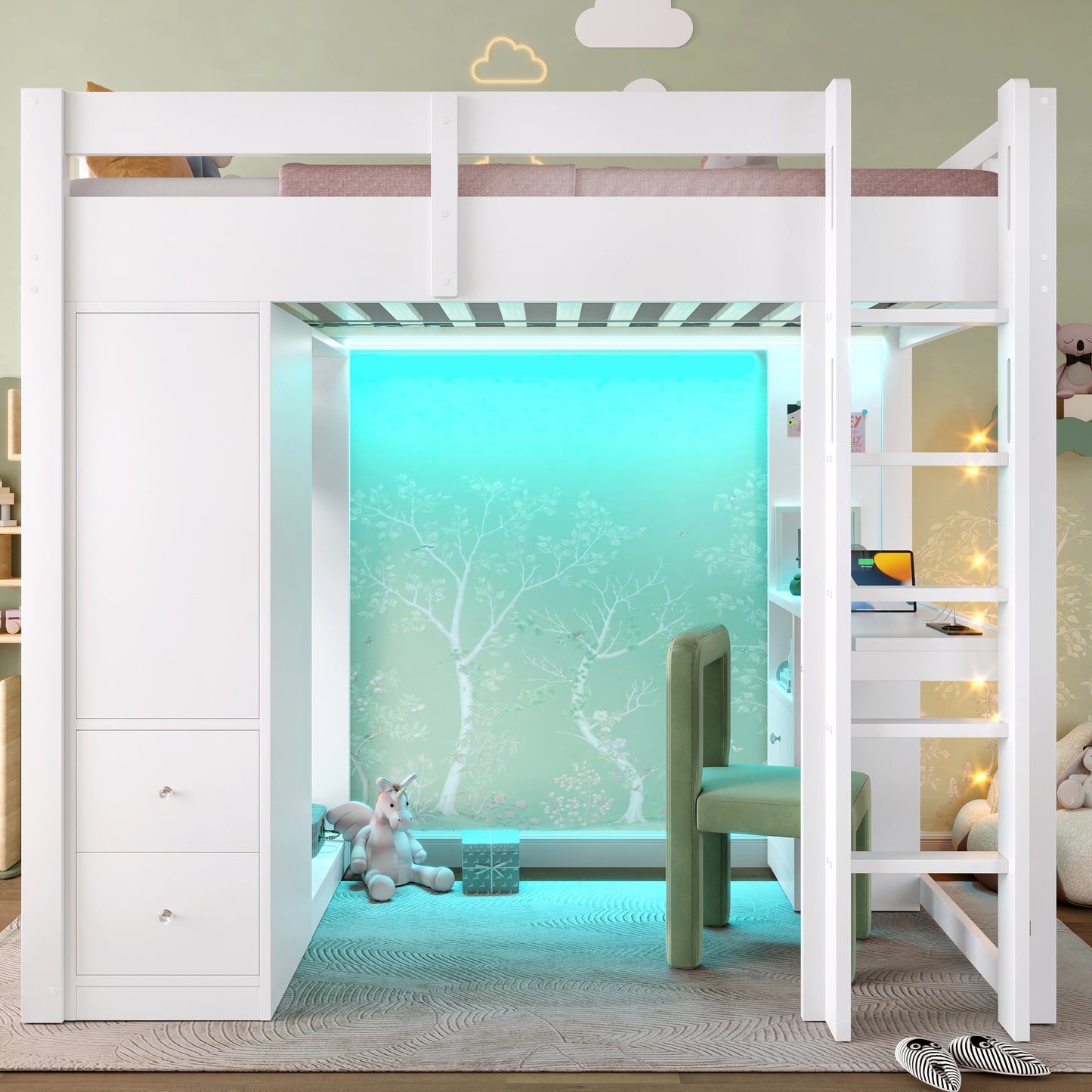 90x200 Loft Bed With 4 Drawers And 1 Storage Cupboard, Underbed Desk, Open Wardrobe, LED Light And USB, White