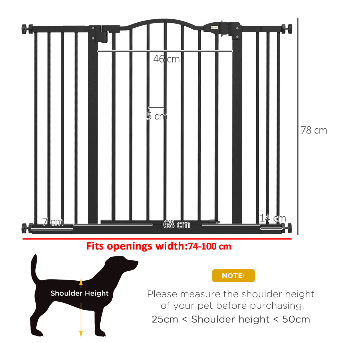 PawHut Metal 74-100cm Adjustable Pet Gate Safety Barrier W/ Auto-Close Door Black