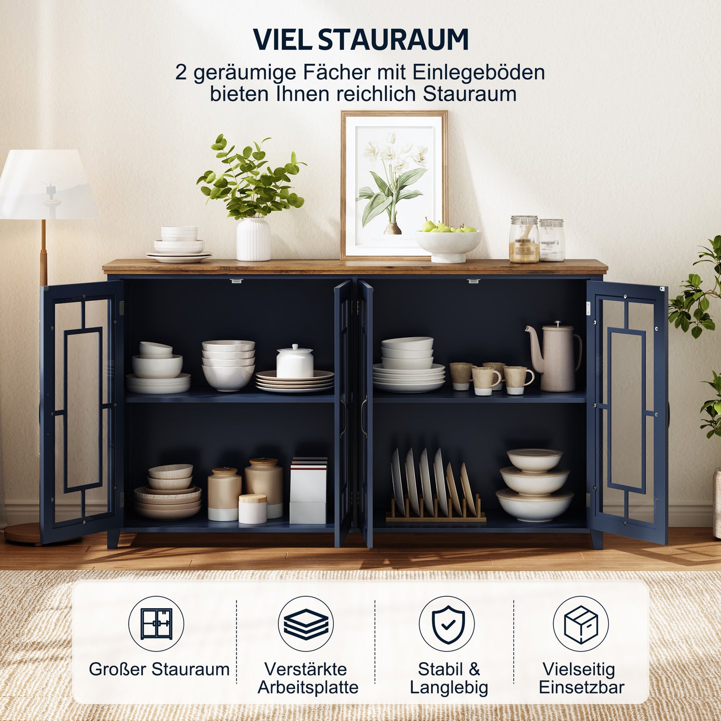 160cm Wide Kitchen Sideboard With Glass Doors, A Spacious Storage Compartment, A Wood-look Worktop And An Anti-tilt Device.This Modern Sideboard Is Suitable For Kitchens, Dining Rooms And Living Rooms