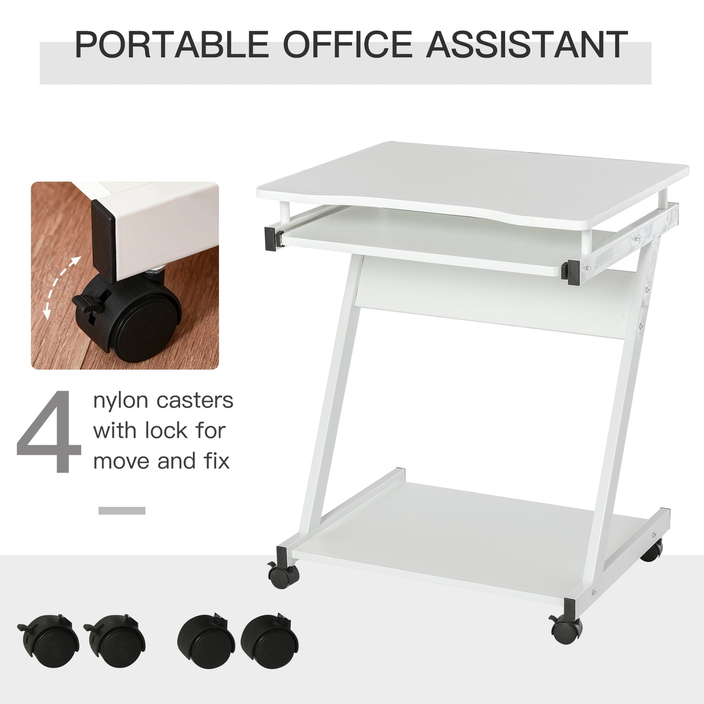 Movable Computer Desk With 4 Moving Wheels Sliding Keyboard Tray Home Office Workstation White