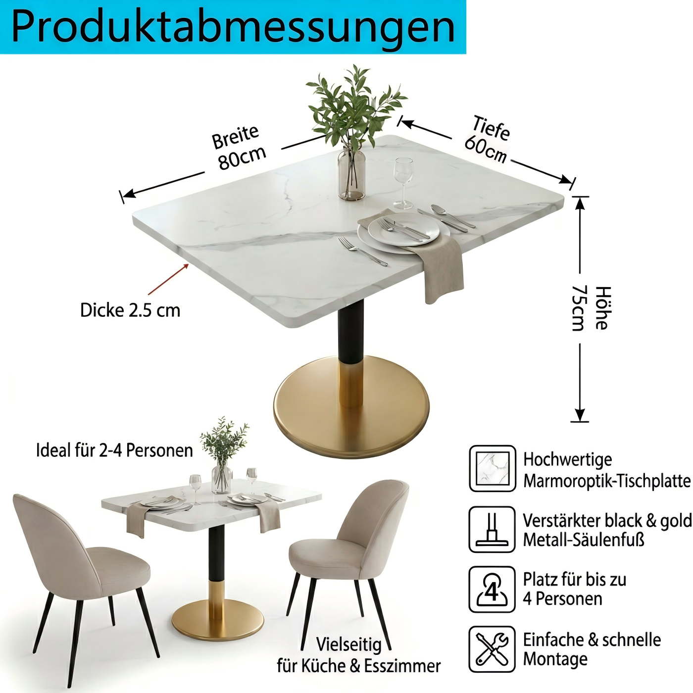 Modern Rectangle Dining Table For 2 Small Kitchen Table With White Marble Pattern Wood Desktop And Black Metal Pillar Negotiation Table With Gold Base For Dining Room Kichen Office Meeting Room 80x60c
