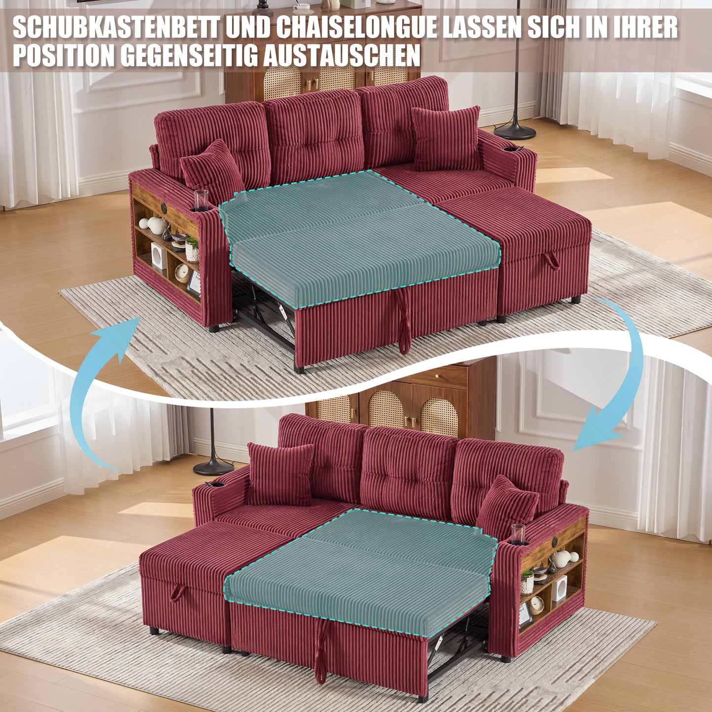 Multifunctional Corduroy Sofa With Storage Space & Pull-out Bed. Incl. USB-C, Ambient Lighting, Cup Holders & Wide Armrests. Creates Cosy Feel-good Areas In Living Rooms And Guest Rooms.
