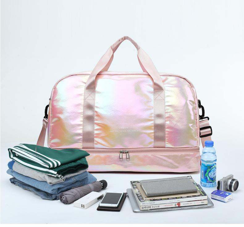 Iridescent Pearl Gym Bag ,Holographic Shiny Sports Duffel With Separate Shoe Compartment,Large Capacity Yoga Bag With Wet Dry Separation ,Trendy Travel Weekender Bag For Women