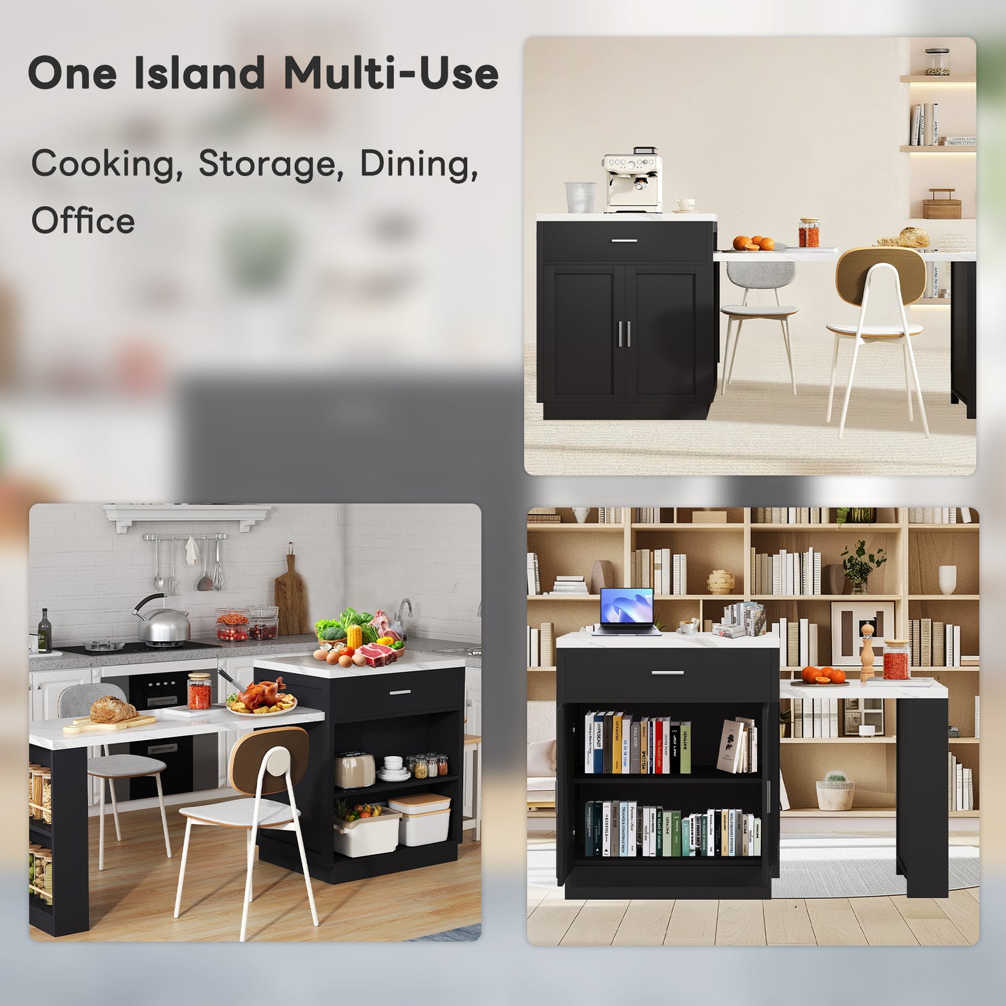 Kitchen Island With Extendable Dining Table For 4-6 People, Two-tone Kitchen Table, Socket,charging Station, Storage Cabinet, 2 Drawers, 2 Side Open Shelves