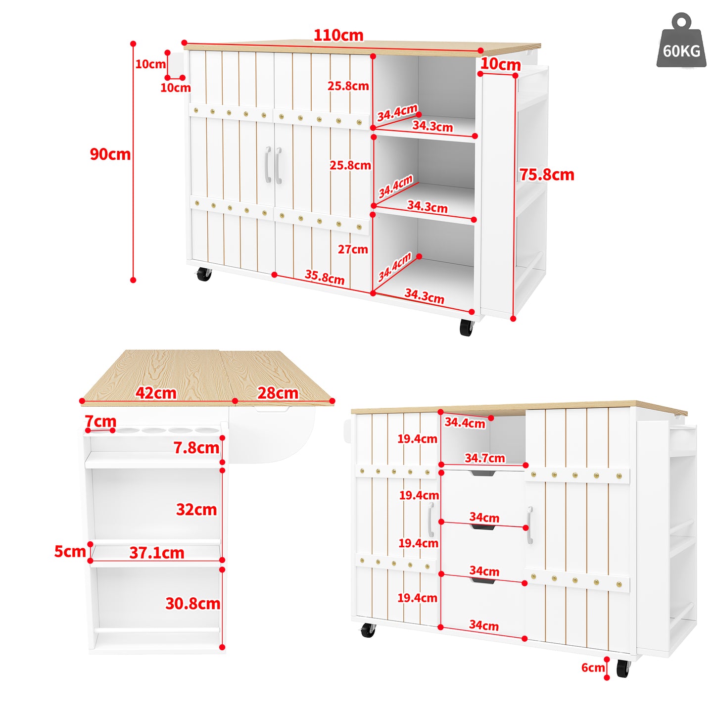 Kitchen Cabinet, Serving Trolley With Wood Grain, Kitchen Trolley With Castors And Worktop, Kitchen Trolley With Spice Rack And Towel Rail, Kitchen Island With Sliding Doors And Drawers, White