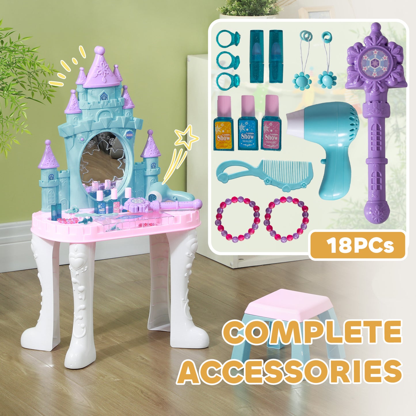 Kids Vanity Set with Mirror and Stool, Light, Music, Castle Design Makeup Table for Girls 3-6 Years, Multicolor