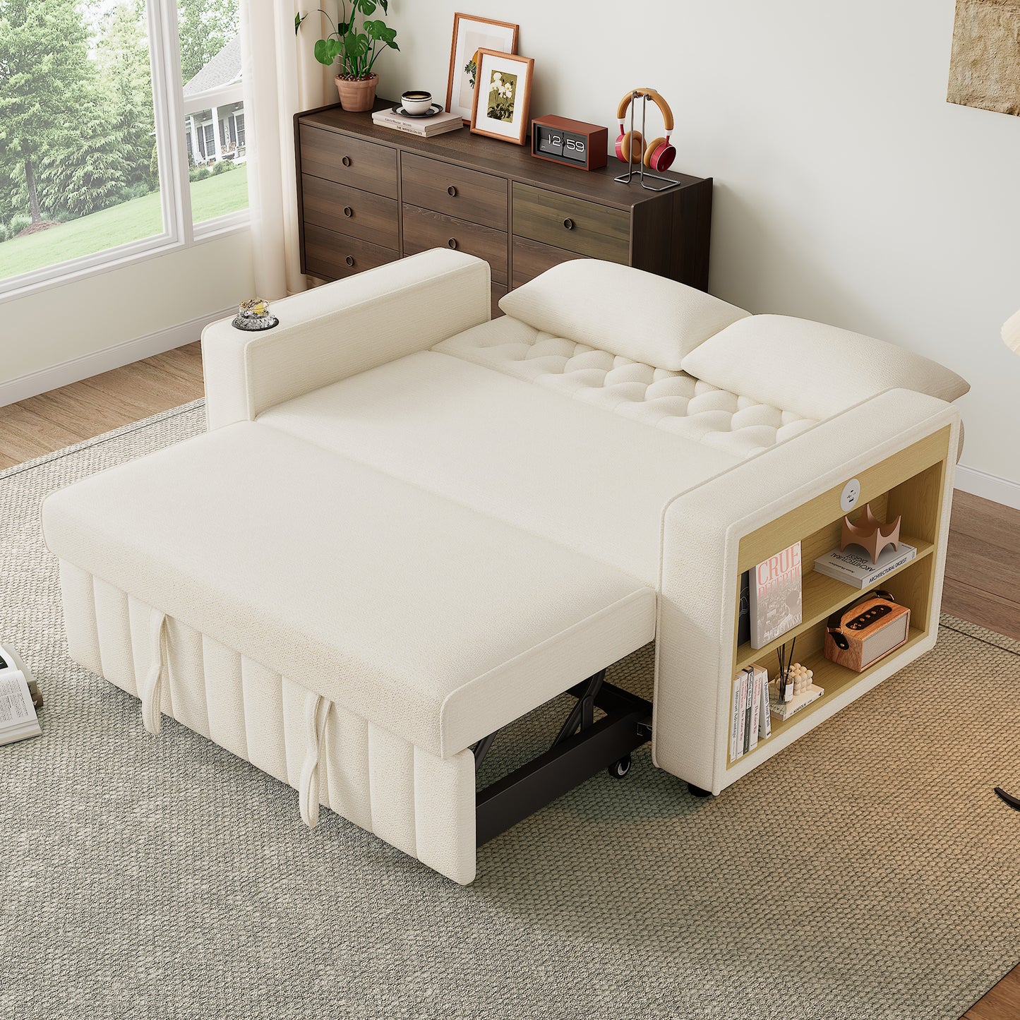 Modern 3 In 1 Folding Sofa Bed With Storage, Pull Out Chenille Sleeper, Cup Holders, USB Charging Port & Cushions, Convertible Double Sofa For Living Room, Bedroom, Guest Room,  Beige
