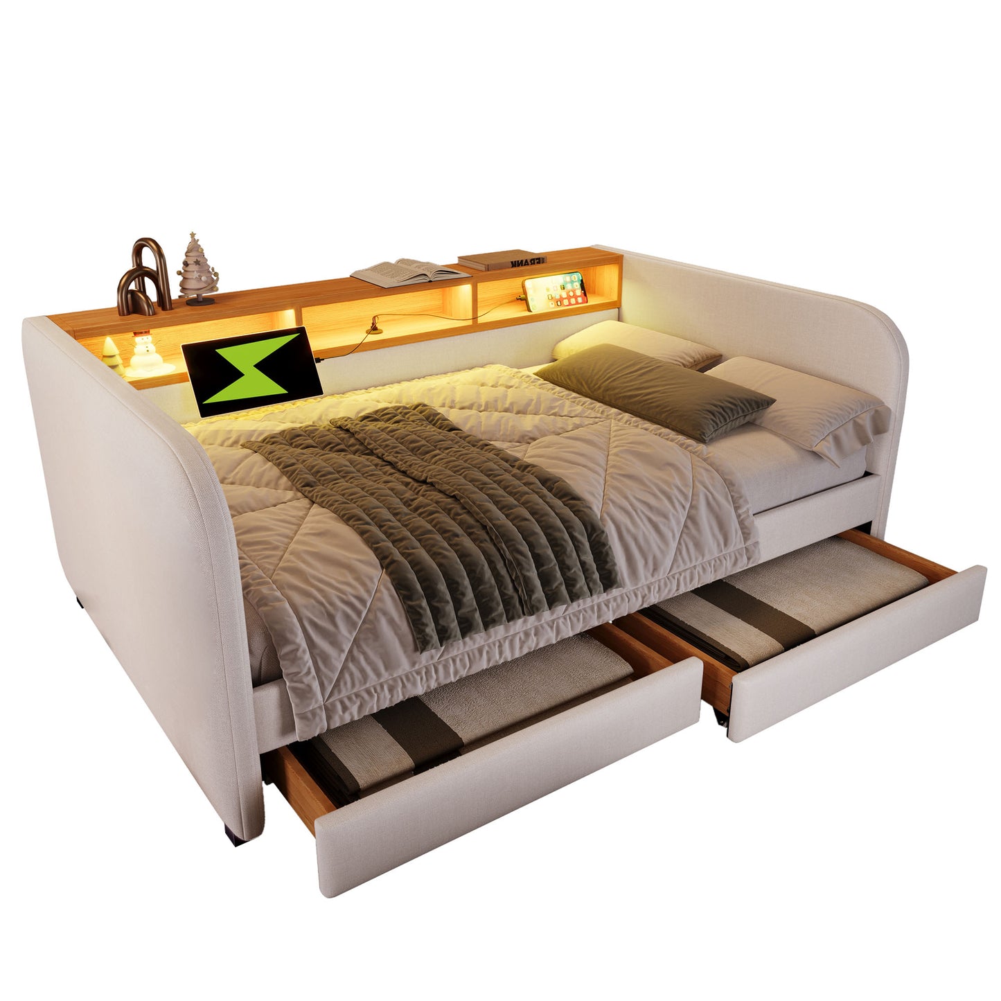 AB20754142B Upholstered Bed Daybed 140x190 Cm, Sofa Bed With LED And USB-C Charging Function, Daybed With 2 Drawers And Storage Headboard, Linen, Light Beige  Without Mattress