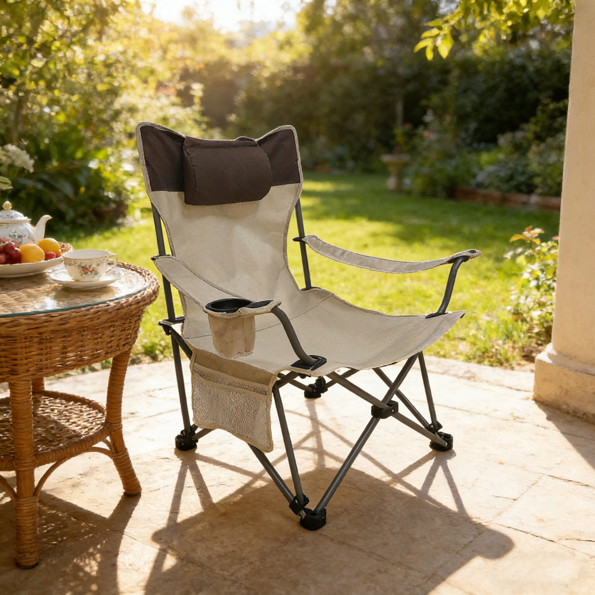 Outdoor Camping Chairs Folding/Portable/Adjustable reclining chair(Three-level adjustment), Side Pockets & Cup Holder,Carry Bag,Beige