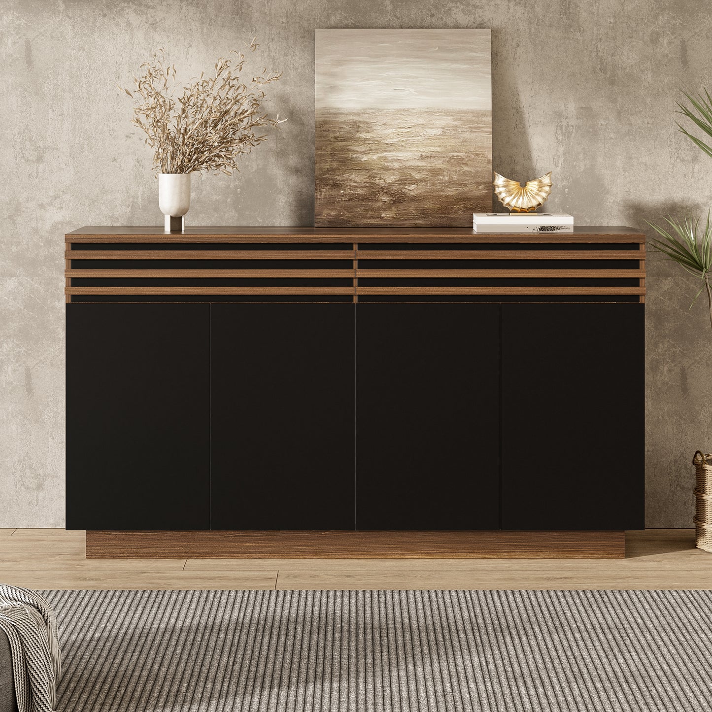 Modern Sideboard 150 X 40 X 85 Cm In Brown Wood Look With Black Doors, 2 Drawers & 4 Doors  Plenty Of Storage Space, Stylish Design For Living Room, Dining Room & Kitchen.  OLD SKU GL3356N