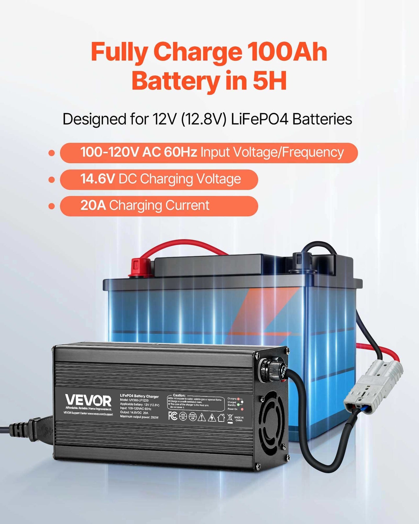 12V 20A Lithium Battery Charger 14.6V AC-DC LiFePO4 Smart Charger For RV