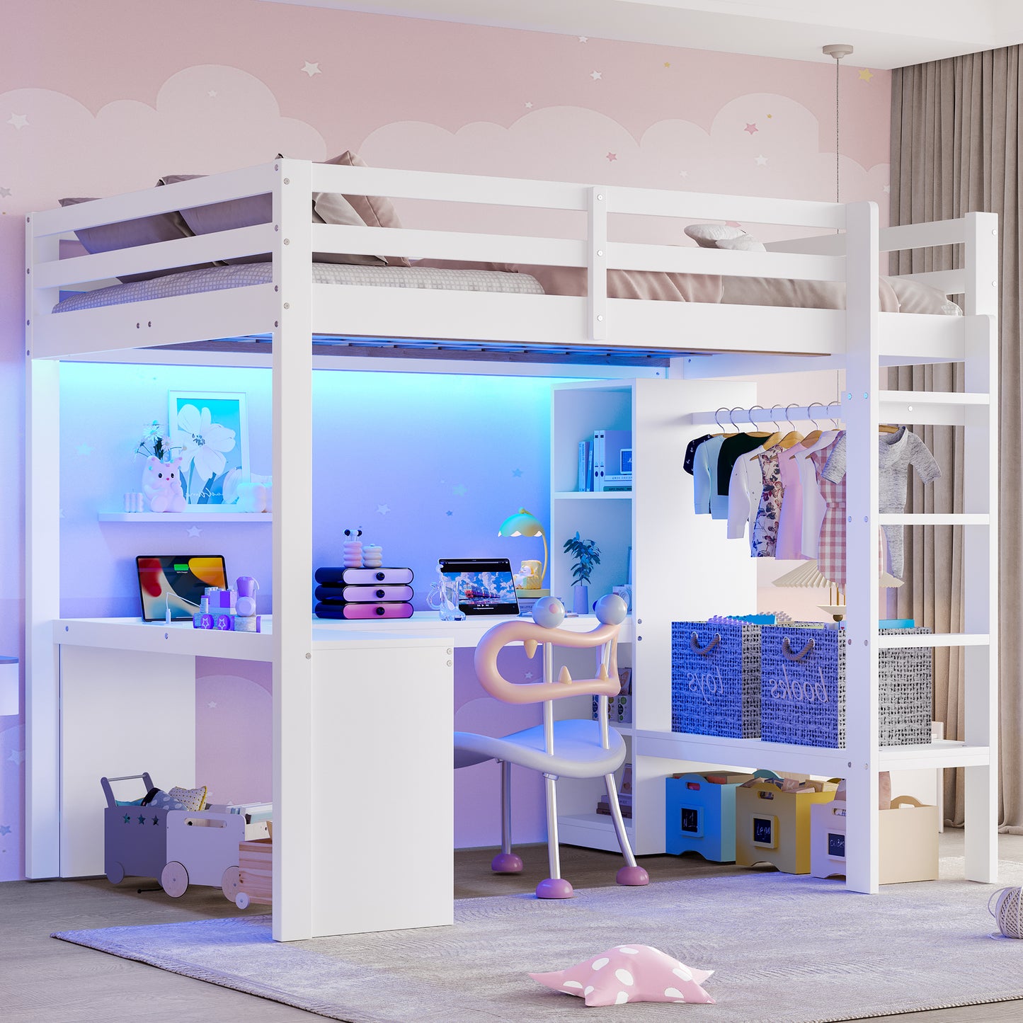 Loft Bed 140x200 With Multifunctional Shelves, Underbed Desk, LED Light And USB, White