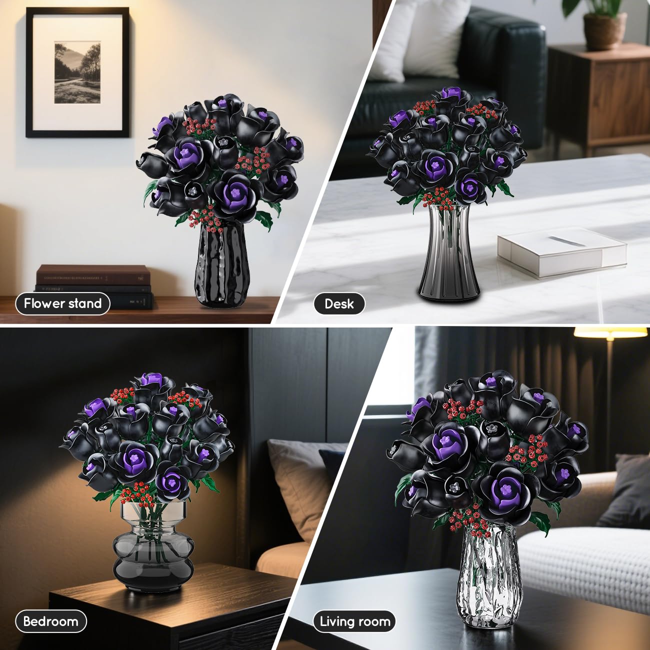 HOGOKIDS Flowers Bouquet Building Set - 15 Black Roses Botanical Building Blocks Artificial Flower Toy,Gothic Home Decors Easter Gift For Her Girlfriend Wife Adults Teens Kids