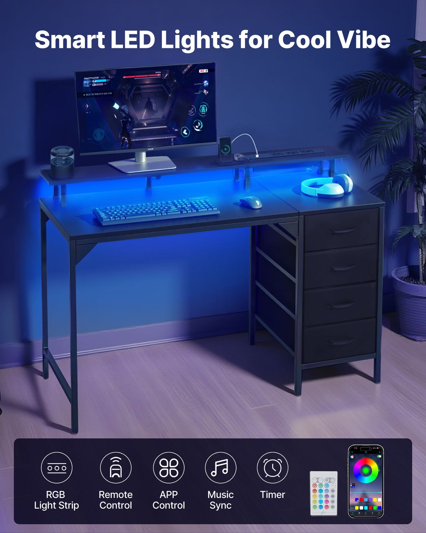 47" Computer Desk With LED Lights & Power Outlets, Gaming Table With 4 Large Drawers, Office Desk With Monitor Stand, Study Work Home Office, Small Spaces, Black