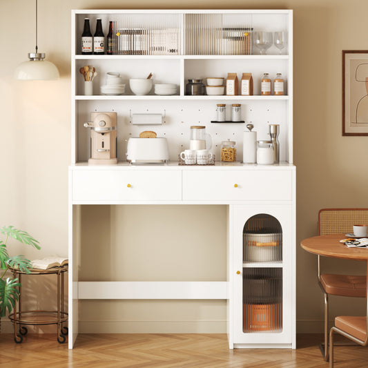 Kitchen Cabinet With Work Surface, Sideboard And Tall Cabinet, Integrated Bar Function, With Hook Rail, 2 Drawers, Adjustable Shelf And Open Storage Space, Kitchen And Dining Room Furniture In White