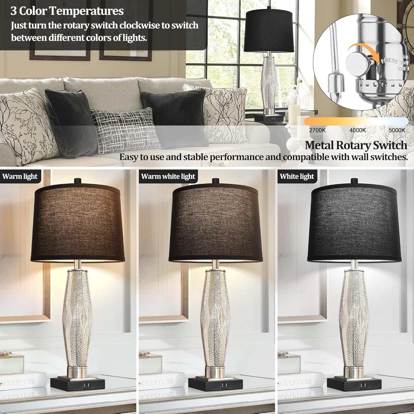 Table Lamps Set Of 2, Bedroom Lamp With USB A C Charging Ports, Modern Glass Beside Lamps For Living Room Rotary Switches, Black Nightstand Lamp Home Lights Decor  LED Bulbs Included