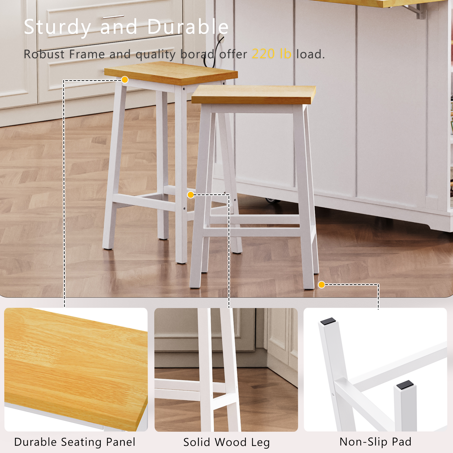 K&K Solid Wood Bar Stools  Not Cheap Iron , 25.6  Tall Set Of 2 Bar Chairs, Kitchen Counter Stools With Footrests, Farmhouse Stools For Dining Room, Kitchen, Counter, White