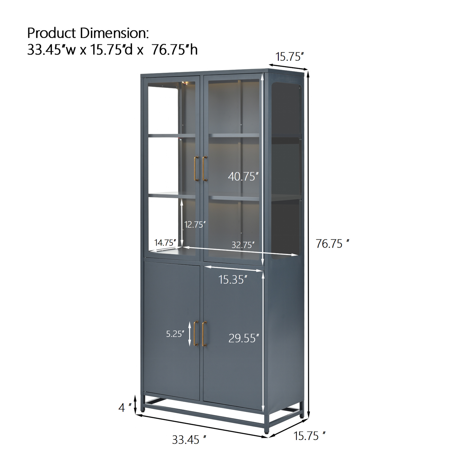 76.75  Tall Display Cabinet, With Glass Doors And LED Lights, Steel Curio Cabinet With 3-Sided Glass, Pantry Cabinet With Storage For Hallways, Livingroom Kitchen Home Decor & Office - Dark Blue
