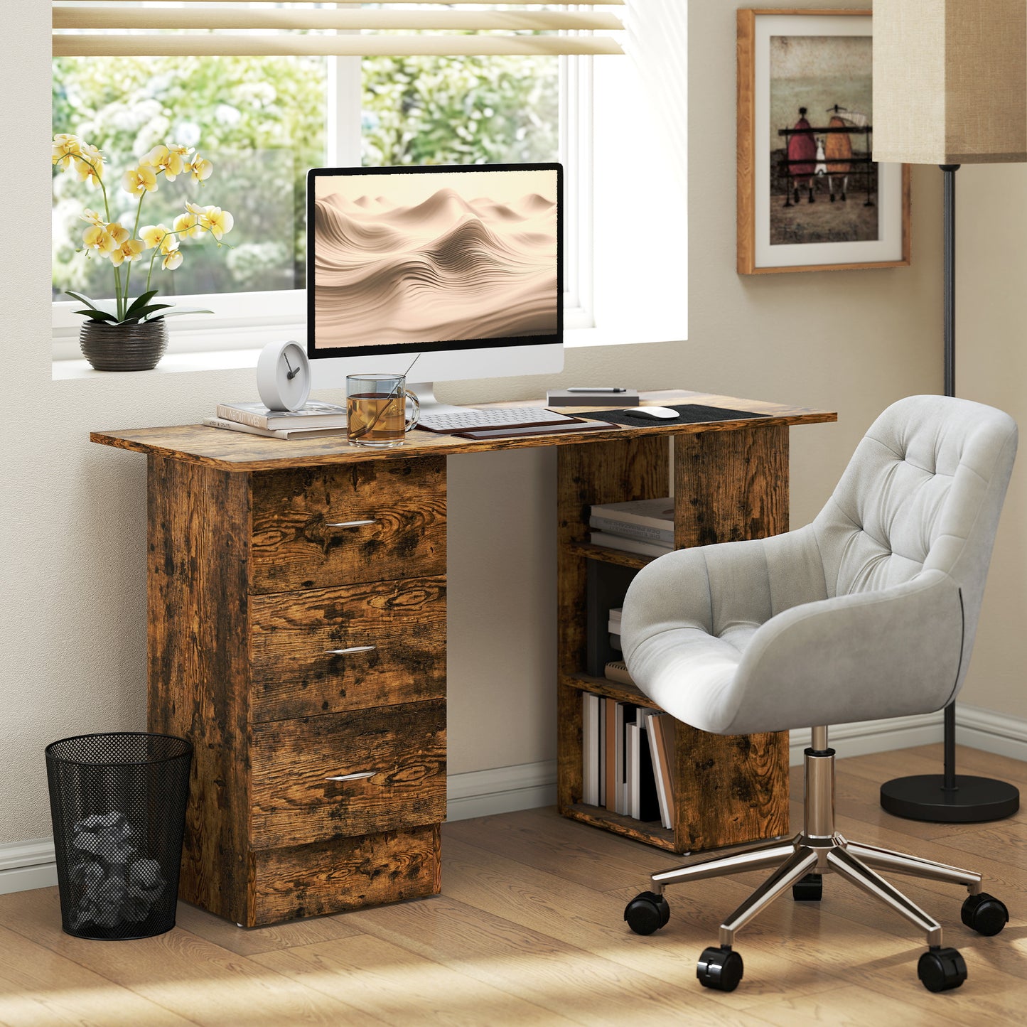 Computer Desk, Writing Table, PC Workstation With 3 Storage Shelves And Drawers, Silver Handle, For Home Office, Rustic Brown