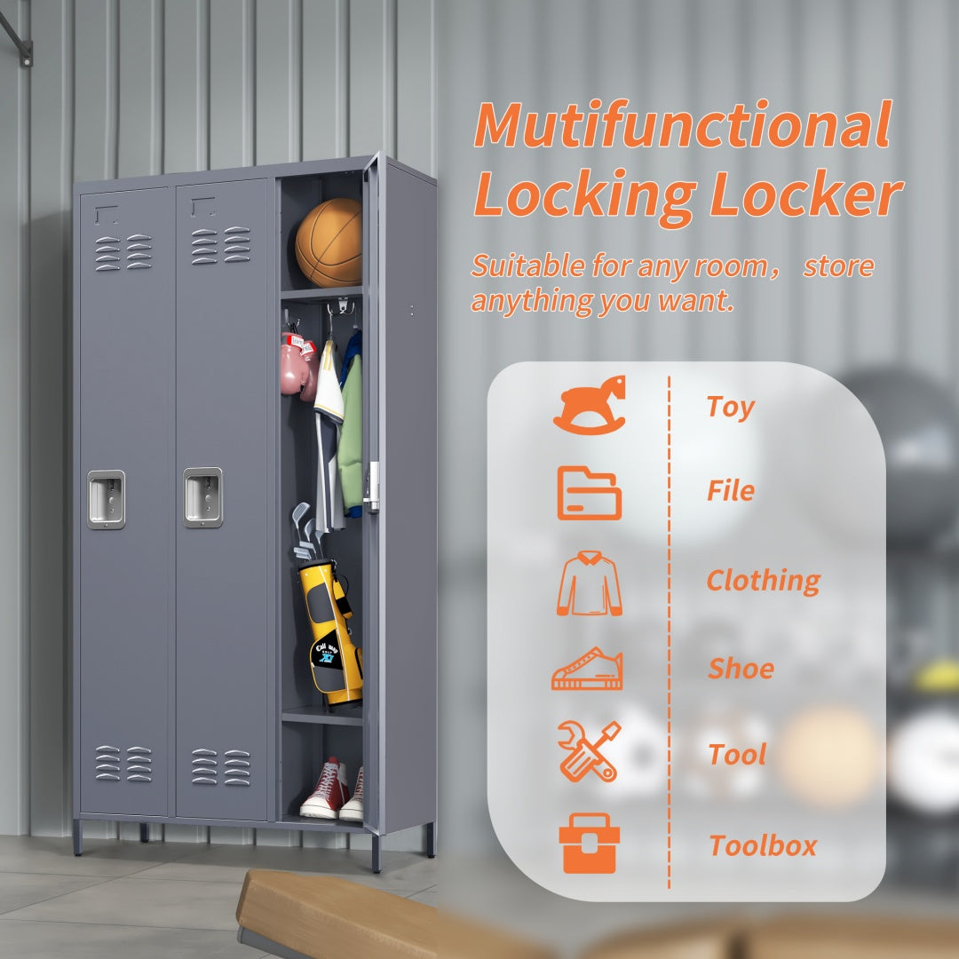 3 Door 72in H Metal Lockers With Lock For Employees,Storage Locker Cabinet For Home Gym Office School Garage,Gray