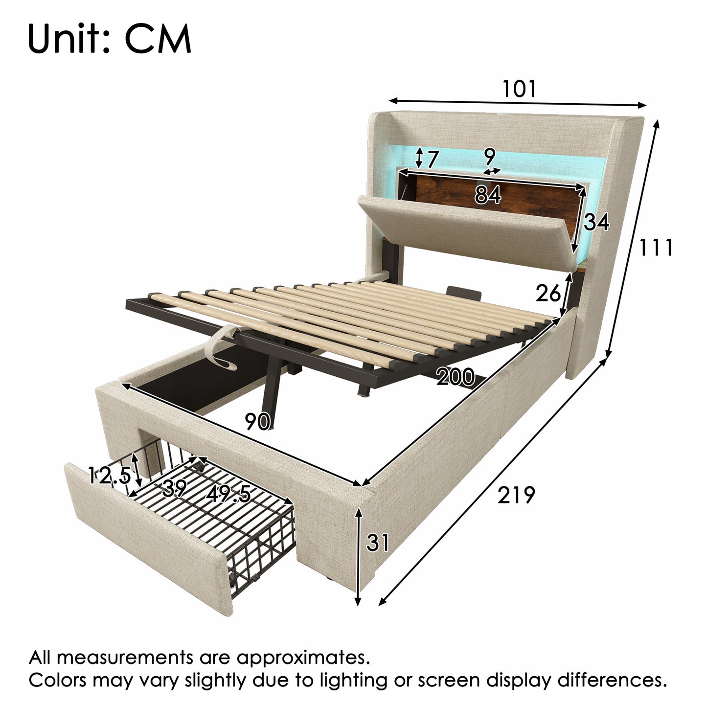 Upholstered Bed 90x200 Cm With Hydraulic Storage And Headboard With Storage Compartment, LED Lighting And USB & USB-C Port, Wooden Bed Frame, Beige, Linen, Without Mattress
