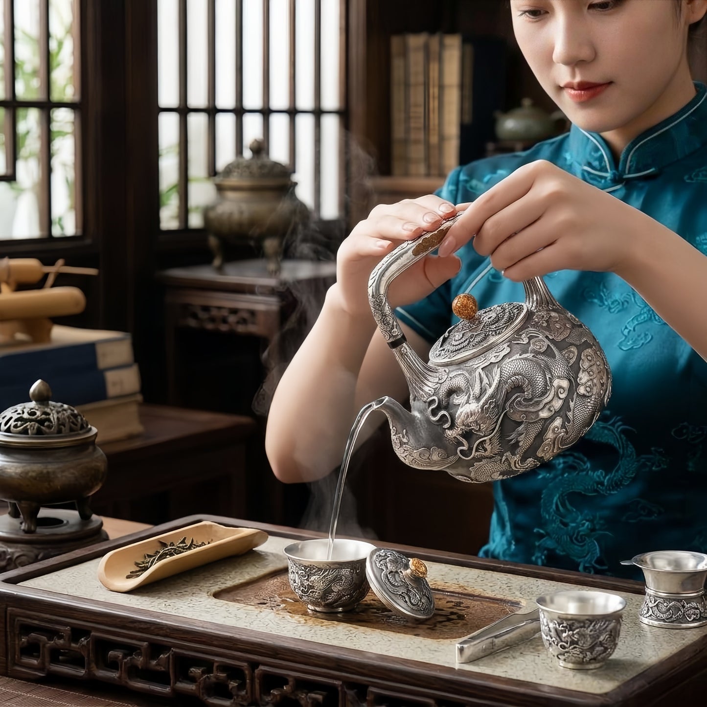 925 Sterling Silver Exquisite Silver Dragon Tea Kettle with Intricate Cloud Relief and Amber Finial - Handicraft