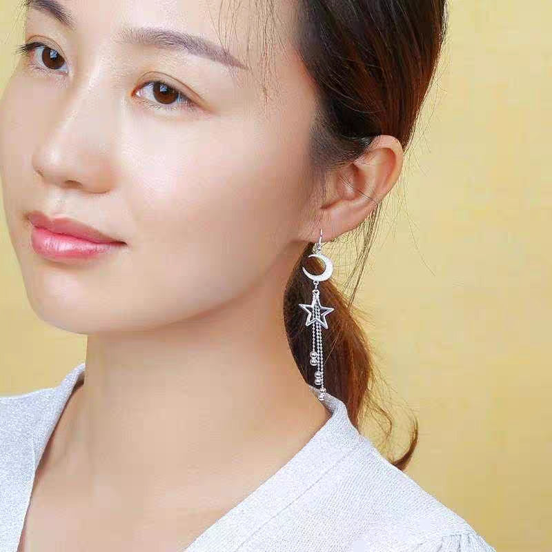 1 Pair 999 Sterling Silver Moon & Star Long Tassel Earrings, Shiny & Elegant, Perfect For Daily, Party & Dating, Ideal Valentine's Gift