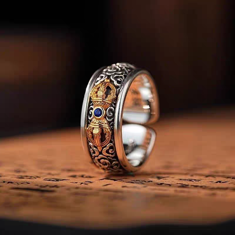 1pc 999 Sterling Silver Hollow Vajra Open Ring, Retro Zen Style, Perfect For Daily Wear & Valentine's Day Gift