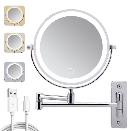 Wall Mounted Lighted Makeup Mirror,1000mAh Rechargeable Double Sided 1X 10X Magnifying Mirror With Light,3 Color Lights,Touch Dimmable,Extended Arm 360 Rotation Wall Mounted Makeup Mirror