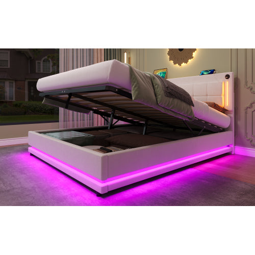 4ft6 Double LED Hydraulic Bed With Charging Station, Adjustable Square Tufted Headboard With Intelligent Control Light, Soft Velvet Bed Frame With USB And Type - C Ports, Beige