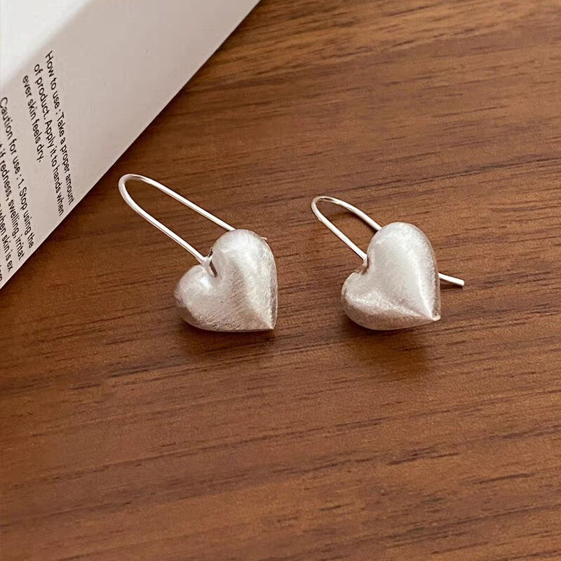 1 Pair 999 Sterling Silver Brushed 3D Heart Hook Earrings, Minimalist & Elegant, Perfect For Daily, Dating & Gifting, Ideal Valentine's Gift