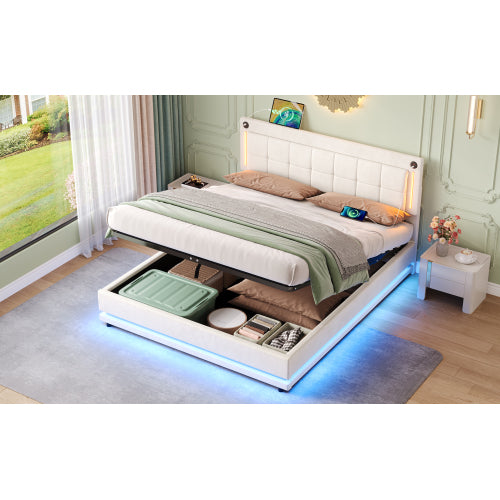 4ft6 Double LED Hydraulic Bed With Charging Station, Adjustable Square Tufted Headboard With Intelligent Control Light, Soft Velvet Bed Frame With USB And Type - C Ports, Beige