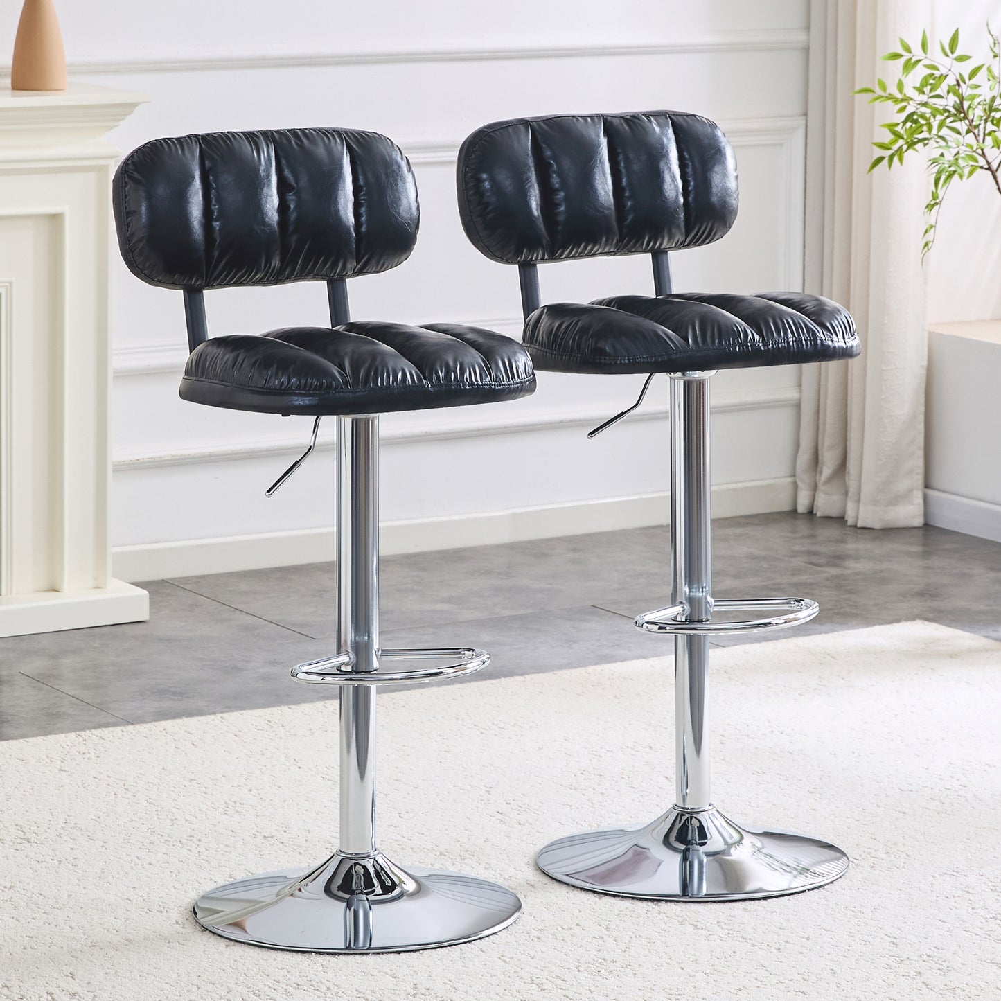 Set Of 2 Adjustable Height Bar Stools, Black PU Leather Upholstered With Chrome Base & Footrest, Modern Comfortable Stools For Kitchen Island, Home Bar, Game Room & Office Break Area