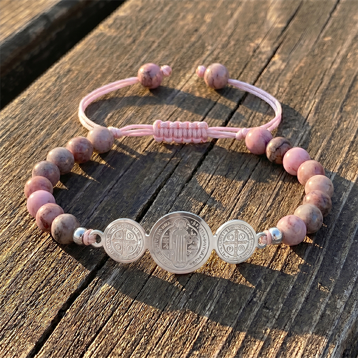 St. Benedict Medal Protection Bracelet - 18K Gold Plated Stainless Steel Natural Tiger's Eye Rhodonite Stone Beads - Adjustable Religious Gift For Men Women
