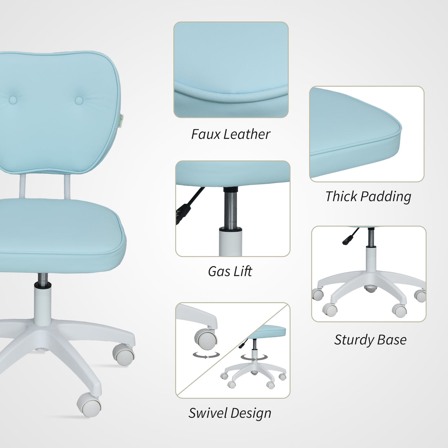 Vinsetto Vanity Office Chair, PU Leather Computer Chair For Home, With Adjustable Height, Armless, Swivel Wheels, Blue