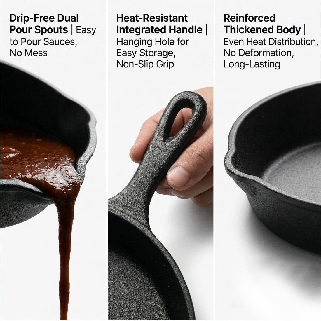 3pcs Pre-Seasoned Cast Iron Skillet Grill Pan With Handle For Grill, BBQ,Kitchen And Camping Cookware