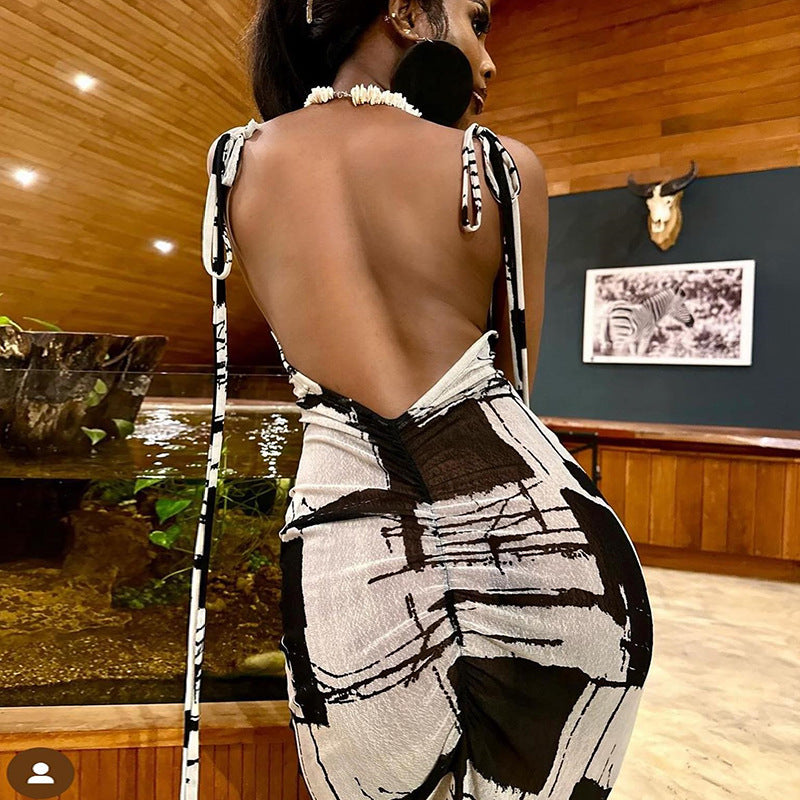 Printed Pullover Sleeveless Beauty Back Pleated Tight Braces Dress