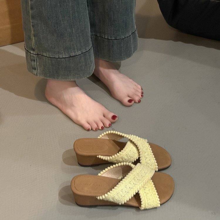 Women's French Style Platform Thong Sandals, Outdoor Heeled Flip Flops For Beach