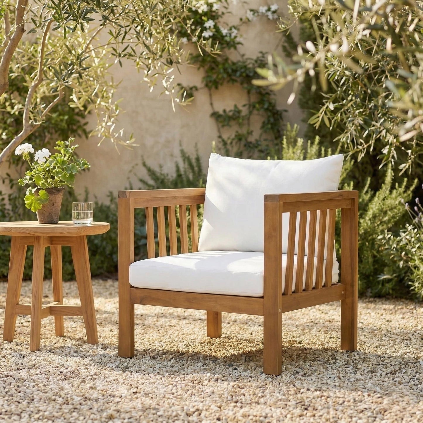 Outdoor Acacia Wood Club Chair With Modern Square Arms, Patio Chair With Thick Cushion, Adjustable Leveling Feet For Poolside, Deck, Beige Cushion