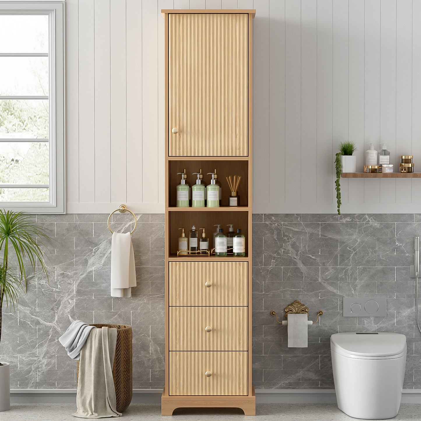 40x30x172cm Bathroom Cabinet, PVC Thermoformed Board, Vertical Stripe Pattern, Three Drawers, One Body, Two Open Shelves, Adjustable Shelves, Natural Wood Color.