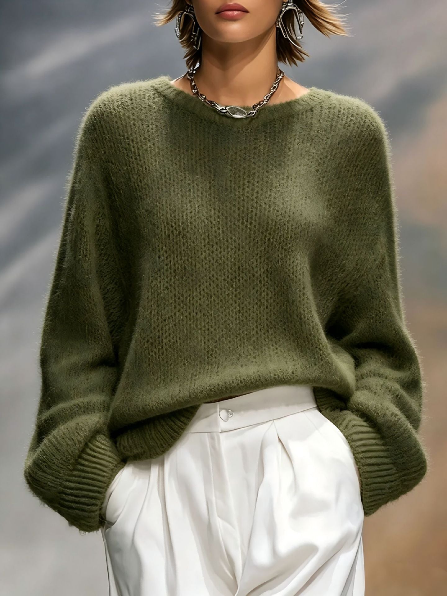 New Autumn Winter Relaxed-style Elegant Solid-color Crew-neck Loose-fit Womens Pullover