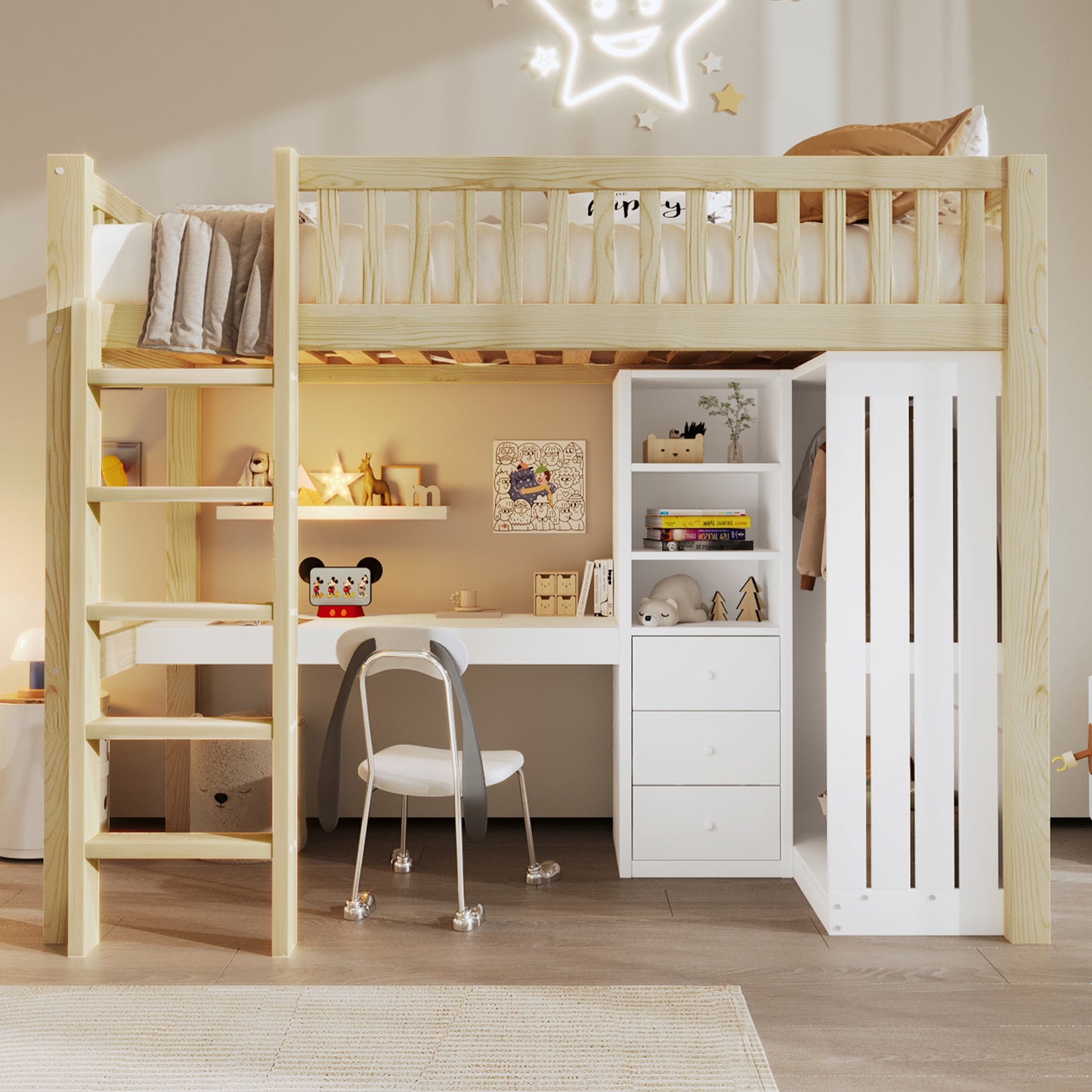 Loft Bed, 90x200cm , Desk, Wardrobe, 3 Drawers, Open Storage Space, Railing, Stairs, Without Mattress, Natural