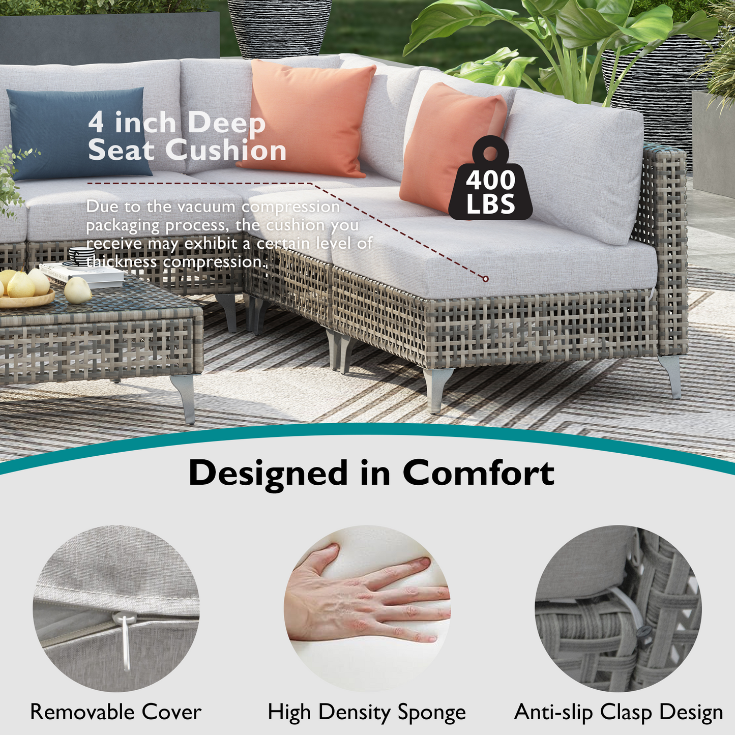 K&K 7-Piece Wicker Patio Furniture Set, Outdoor Conversation Set Sectional Sofa With Water Resistant Grey Thick Cushions And Coffee Table For Outdoor Couch, Porch, Backyard - Grey