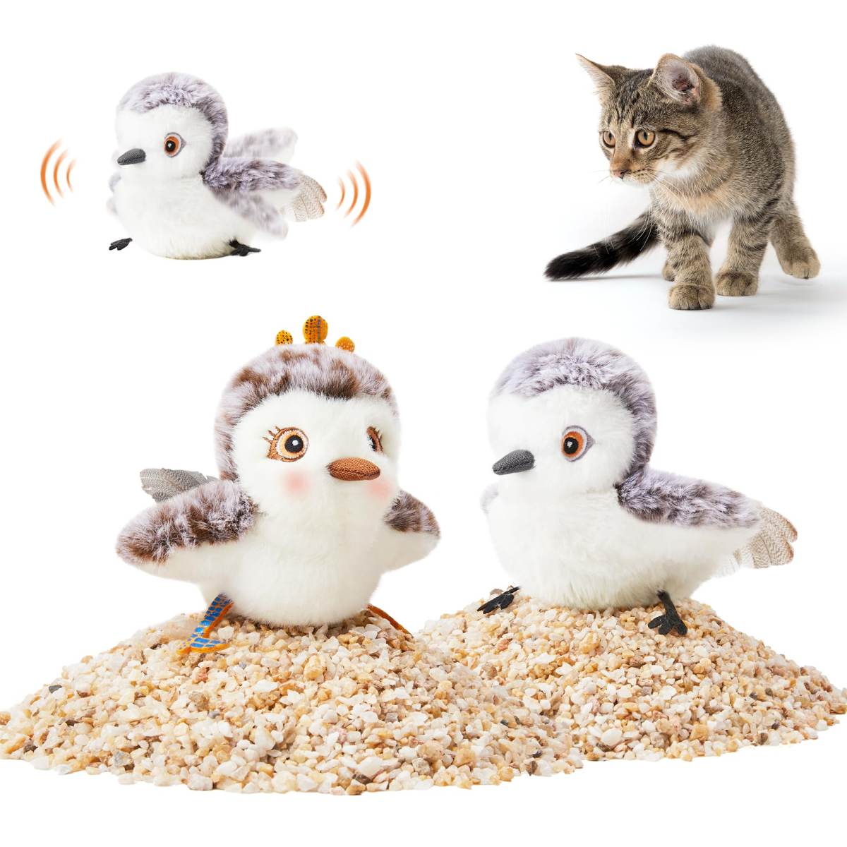 Cat Toys Flapping Sandpiper Pair-Mate  Lifelike Birds Chirp, Chargeable Touch Activated Kitten  Interactive Kitty Exercise With Catnip For All Breeds