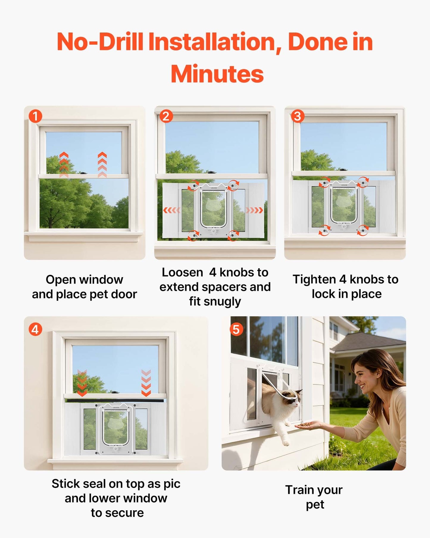 Cat Door For Window, Adjustable To Fit Window Width 23"-28", 4 Secure Lock Modes, Aluminum Frame And High-Transparency Glass, Magnetic Closure, Weatherproof Quick-Fit Pet Door For Cats, White